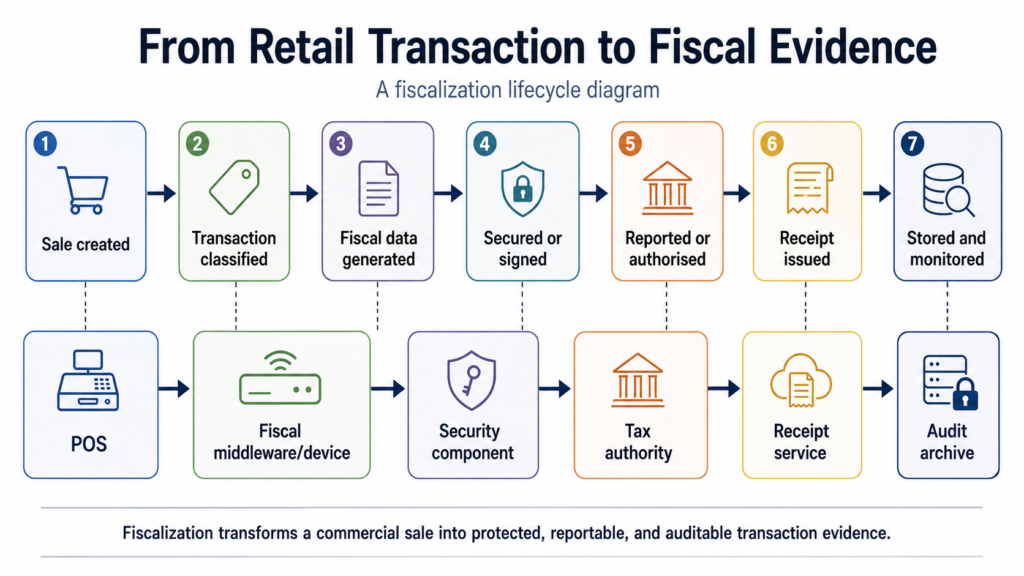 Diagram showing how a POS transaction is secured, reported, issued as a fiscal receipt, and stored for audit.