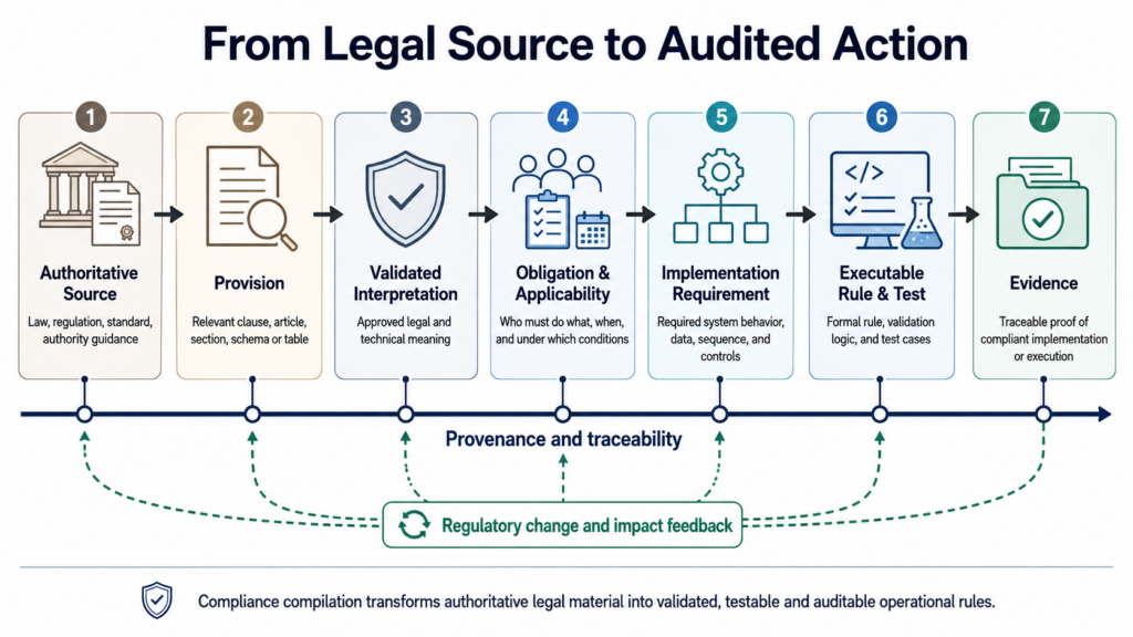 Seven-stage Compliance Compiler flow from authoritative legal source through validated interpretation and operational rules to tests and audit evidence.