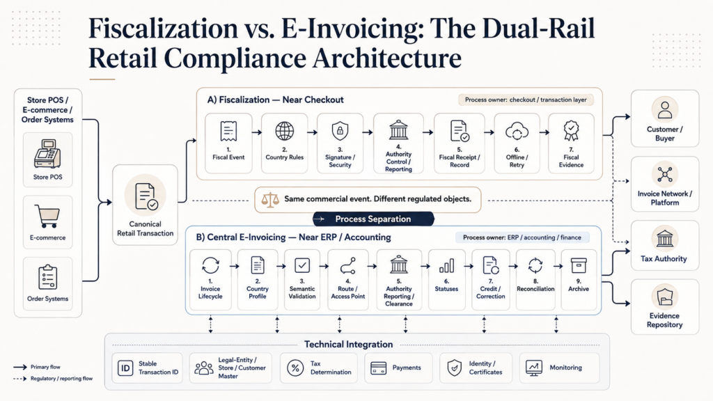 Diagram showing a retail transaction feeding separate fiscalization and e-invoicing compliance rails, with fiscalization near POS and e-invoicing near ERP/accounting, connected by shared transaction and tax data.
